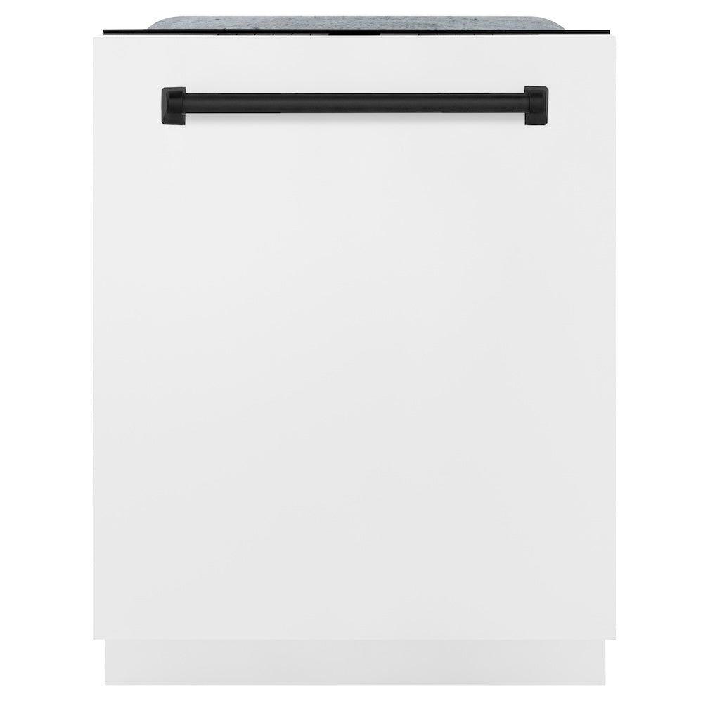 ZLINE Autograph Edition 36 in. Kitchen Package with Stainless Steel Dual Fuel Range with White Matte Door, Range Hood and Dishwasher with Matte Black Accents (3AKP-RAWMRHDWM36-MB)