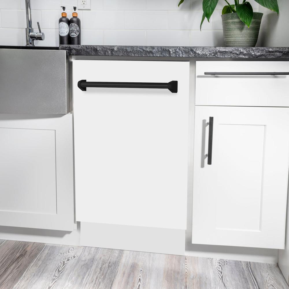 ZLINE Autograph Edition 18 in. Tallac Series 3rd Rack Top Control Built-In Dishwasher in White Matte with Matte Black Handle, 51dBa (DWVZ-WM-18-MB) built-in to white cabinets with granite countertops in a luxury kitchen.