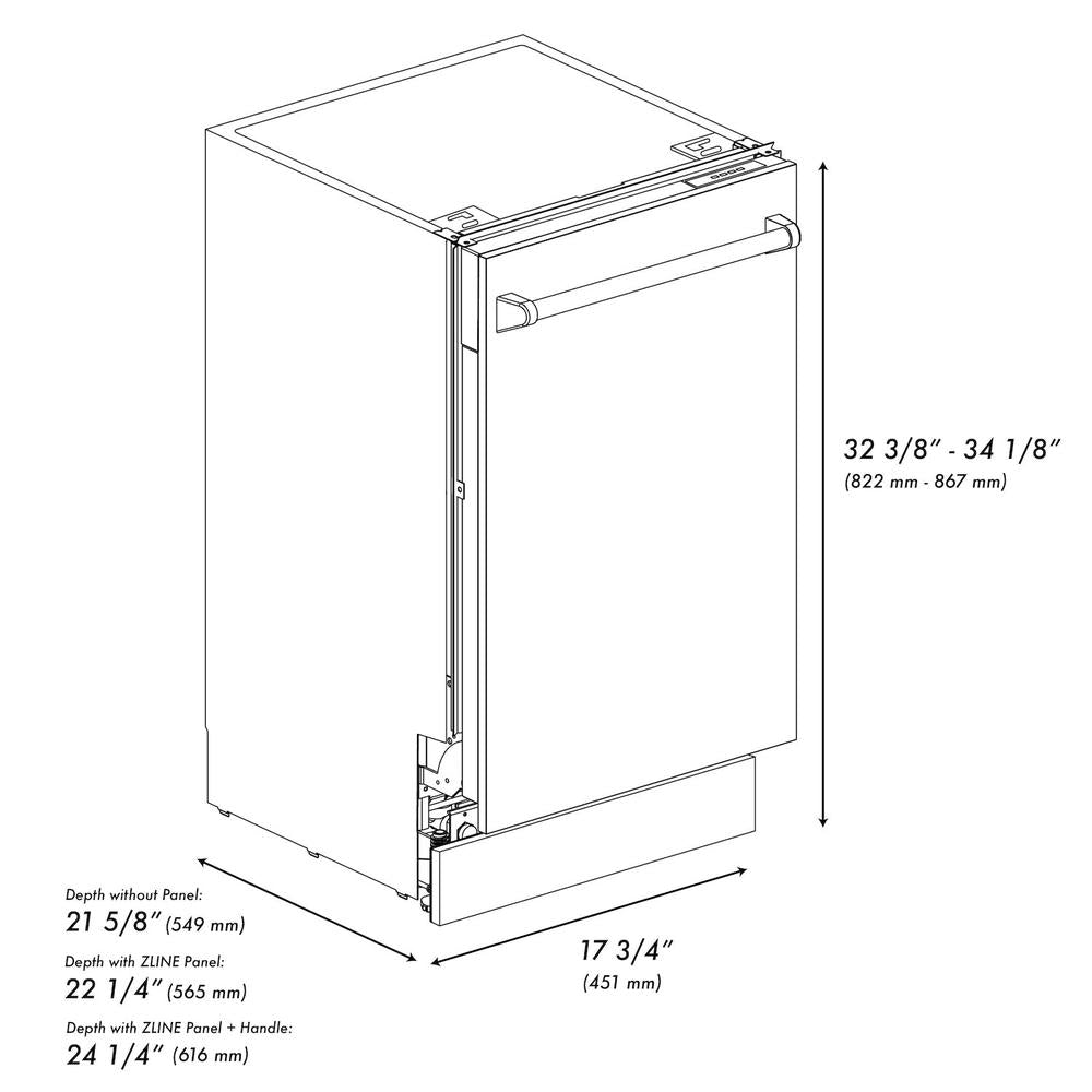 ZLINE Autograph Edition 18 in. Tallac Series 3rd Rack Top Control Built-In Dishwasher in White Matte with Matte Black Handle, 51dBa (DWVZ-WM-18-MB) dimensional diagram with measurements.