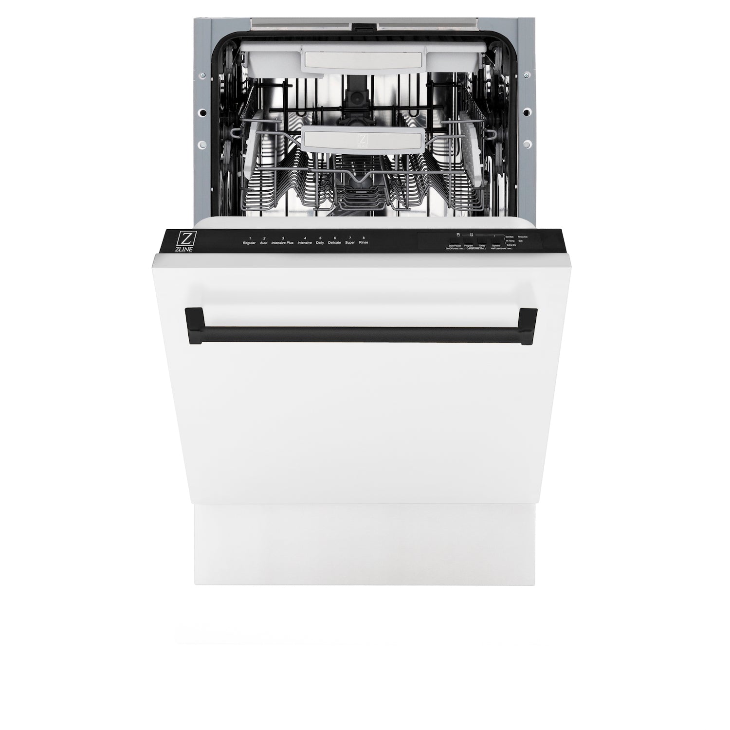 ZLINE Autograph Edition 18 in. Tallac Series 3rd Rack Top Control Built-In Dishwasher in White Matte with Matte Black Handle, 51dBa (DWVZ-WM-18-MB) front, half open.