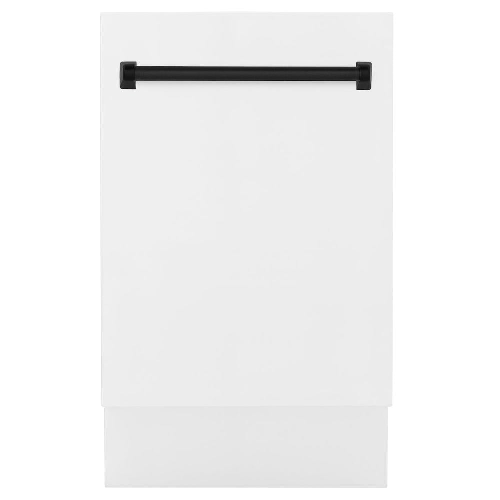 ZLINE Autograph Edition 18 in. Tallac Series 3rd Rack Top Control Built-In Dishwasher in White Matte with Matte Black Handle, 51dBa (DWVZ-WM-18-MB) front, closed.