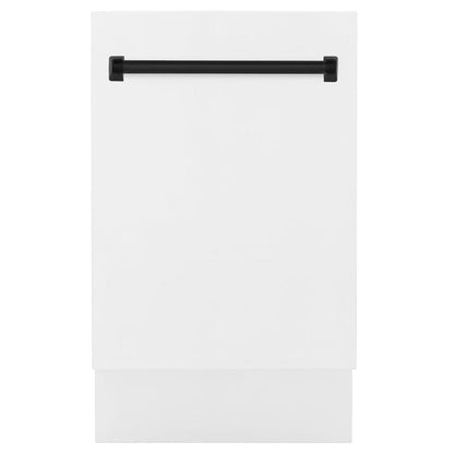 ZLINE Autograph Edition 18 in. Tallac Series 3rd Rack Top Control Built-In Dishwasher in White Matte with Matte Black Handle, 51dBa (DWVZ-WM-18-MB) front, closed.