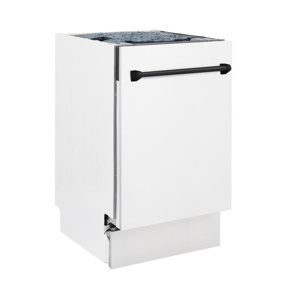 ZLINE Autograph Edition 18 in. Tallac Series 3rd Rack Top Control Built-In Dishwasher in White Matte with Matte Black Handle, 51dBa (DWVZ-WM-18-MB) side, closed.