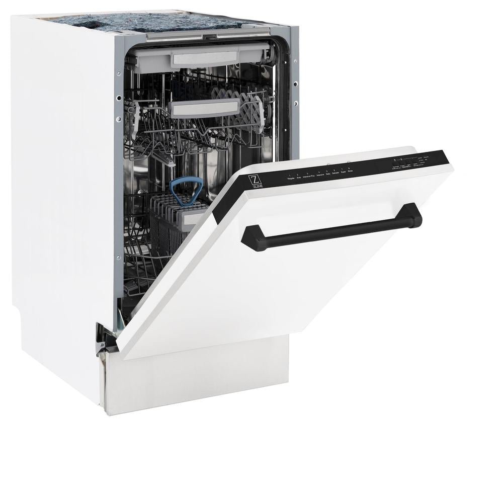 ZLINE Autograph Edition 18 in. Tallac Series 3rd Rack Top Control Built-In Dishwasher in White Matte with Matte Black Handle, 51dBa (DWVZ-WM-18-MB) side, half open.