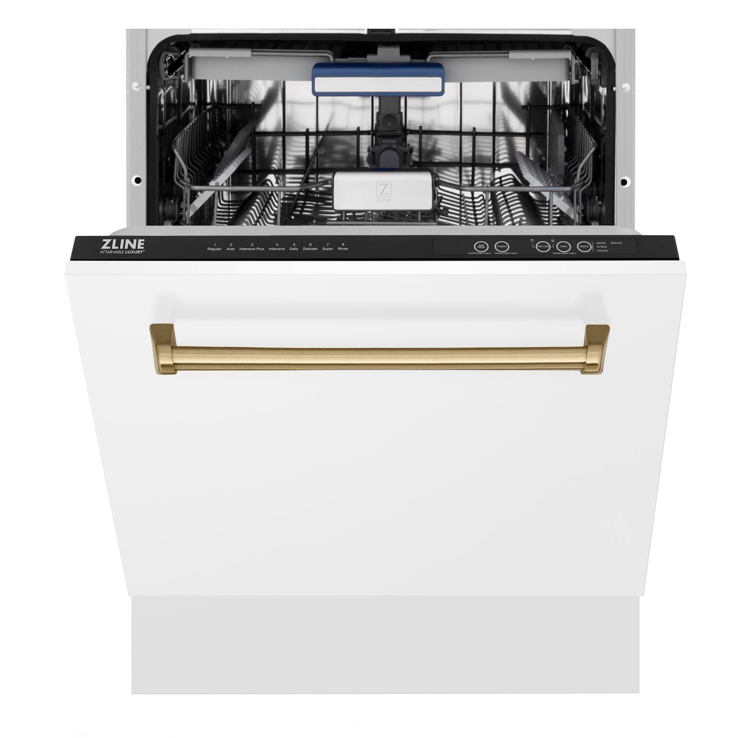 ZLINE Autograph Edition 24 in. Tallac Series 3rd Rack Top Control Built-In Tall Tub Dishwasher in White Matte with Champagne Bronze Handle, 51dBa (DWVZ-WM-24-CB) front, half open.