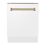 ZLINE Autograph Edition 24 in. Tallac Series 3rd Rack Top Control Built-In Tall Tub Dishwasher in White Matte with Champagne Bronze Handle, 51dBa (DWVZ-WM-24-CB) 