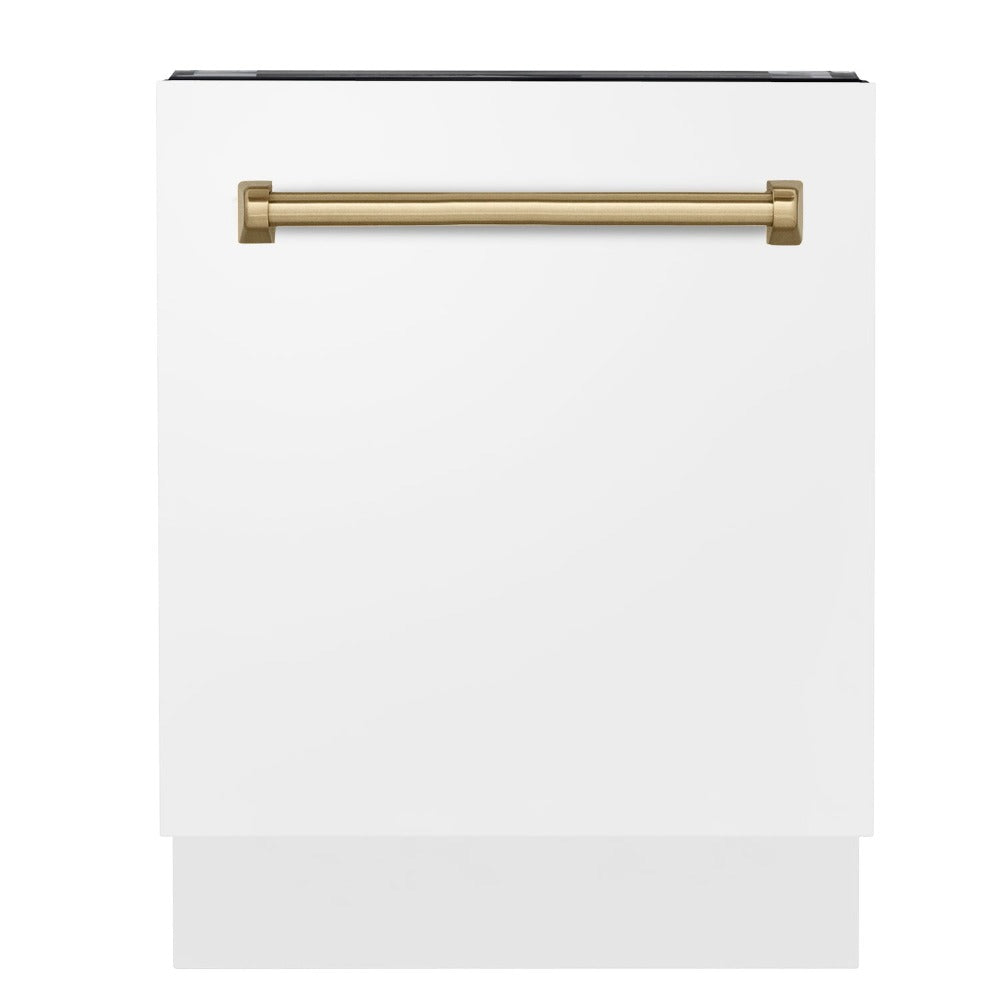 ZLINE Autograph Edition 24 in. Tallac Series 3rd Rack Top Control Built-In Tall Tub Dishwasher in White Matte with Champagne Bronze Handle, 51dBa (DWVZ-WM-24-CB) 