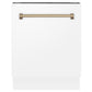 ZLINE Autograph Edition 24 in. Tallac Series 3rd Rack Top Control Built-In Tall Tub Dishwasher in White Matte with Champagne Bronze Handle, 51dBa (DWVZ-WM-24-CB) front, closed.