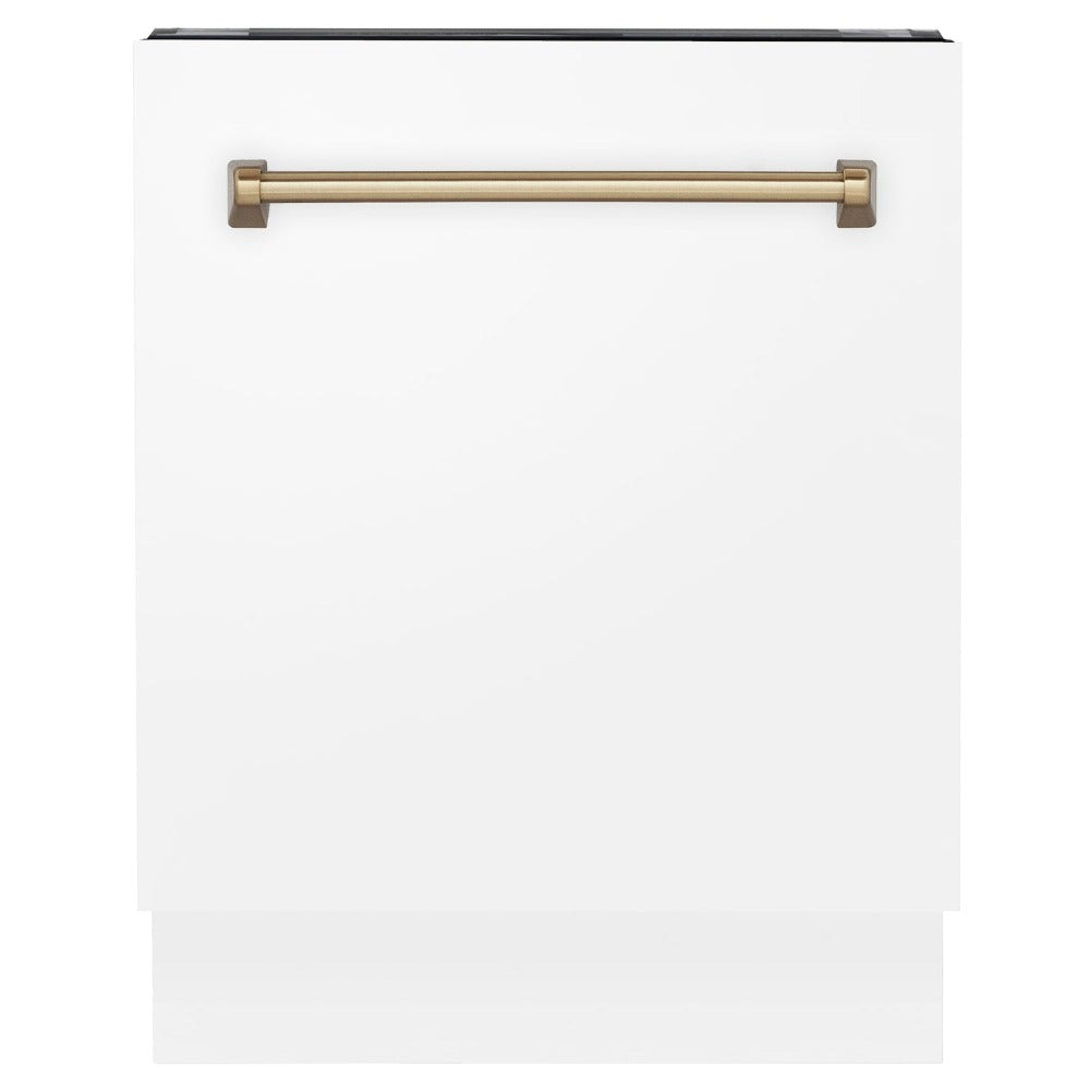 ZLINE Autograph Edition 24 in. Tallac Series 3rd Rack Top Control Built-In Tall Tub Dishwasher in White Matte with Champagne Bronze Handle, 51dBa (DWVZ-WM-24-CB) front, closed.