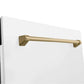 ZLINE Autograph Edition 24 in. Tallac Series 3rd Rack Top Control Built-In Tall Tub Dishwasher in White Matte with Champagne Bronze Handle, 51dBa (DWVZ-WM-24-CB) close-up, Champagne Bronze Autograph Edition handle on panel.