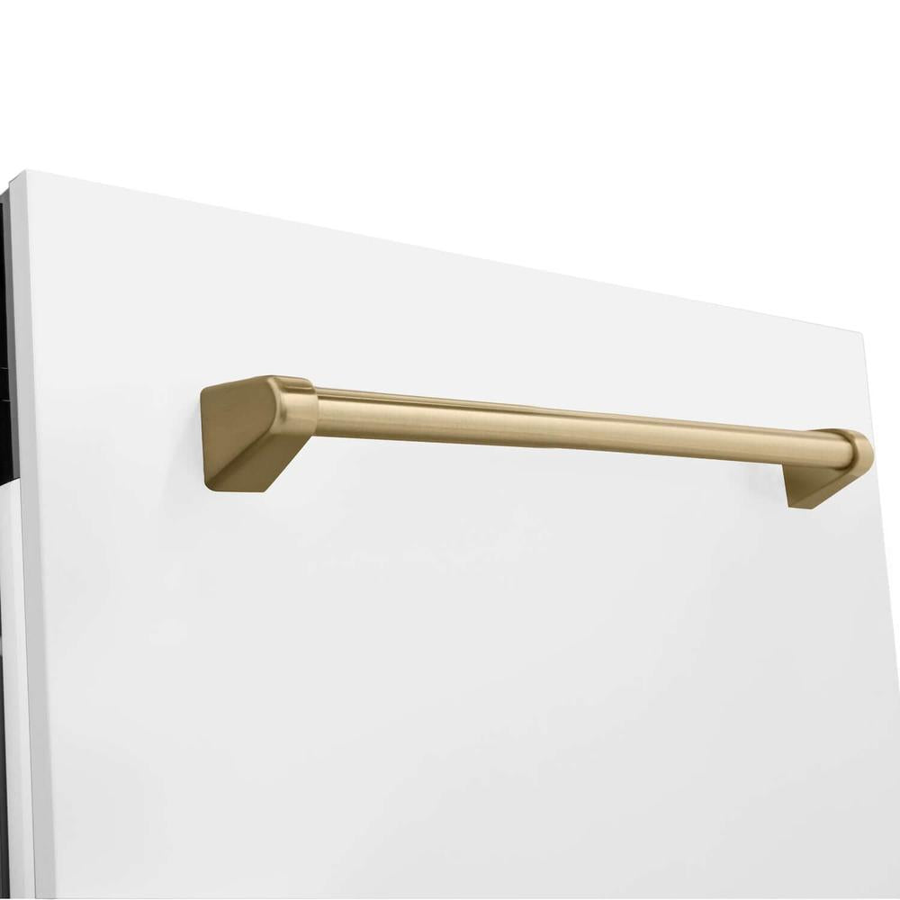 ZLINE Autograph Edition 24 in. Tallac Series 3rd Rack Top Control Built-In Tall Tub Dishwasher in White Matte with Champagne Bronze Handle, 51dBa (DWVZ-WM-24-CB) close-up, Champagne Bronze Autograph Edition handle on panel.