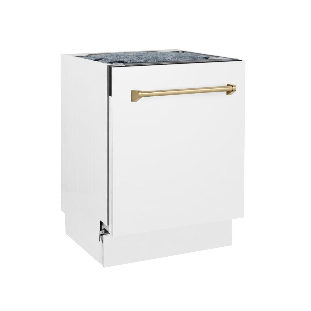 ZLINE Autograph Edition 24 in. Tallac Series 3rd Rack Top Control Built-In Tall Tub Dishwasher in White Matte with Champagne Bronze Handle, 51dBa (DWVZ-WM-24-CB) side, closed.