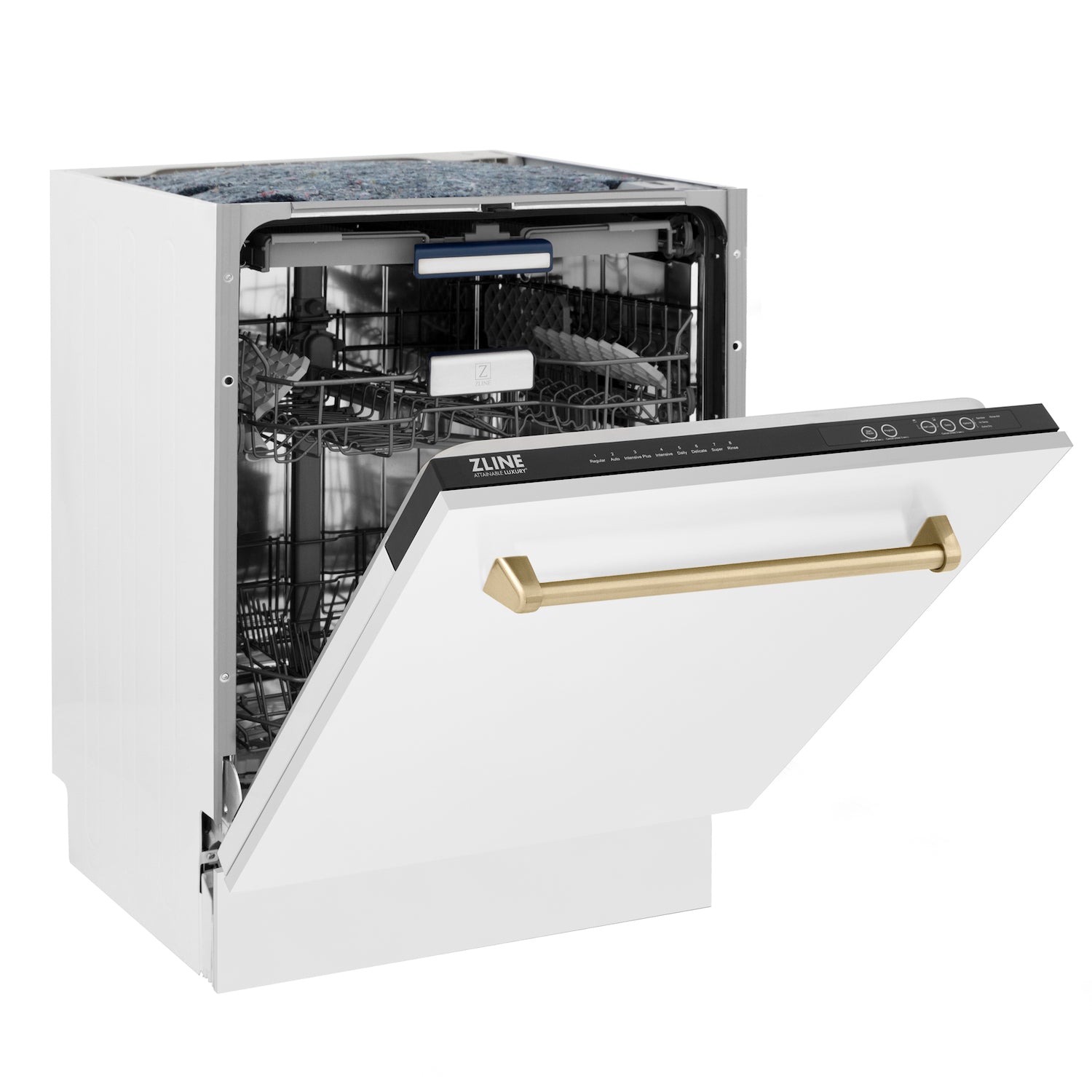 ZLINE Autograph Edition 24 in. Tallac Series 3rd Rack Top Control Built-In Tall Tub Dishwasher in White Matte with Champagne Bronze Handle, 51dBa (DWVZ-WM-24-CB) side, half open.