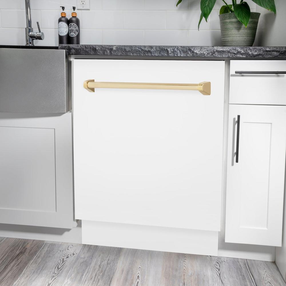 ZLINE Autograph Edition 24 in. Tallac Series 3rd Rack Top Control Built-In Tall Tub Dishwasher in White Matte with Polished Gold Handle, 51dBa (DWVZ-WM-24-G) built-in to white cabinets with granite countertops in a luxury kitchen.