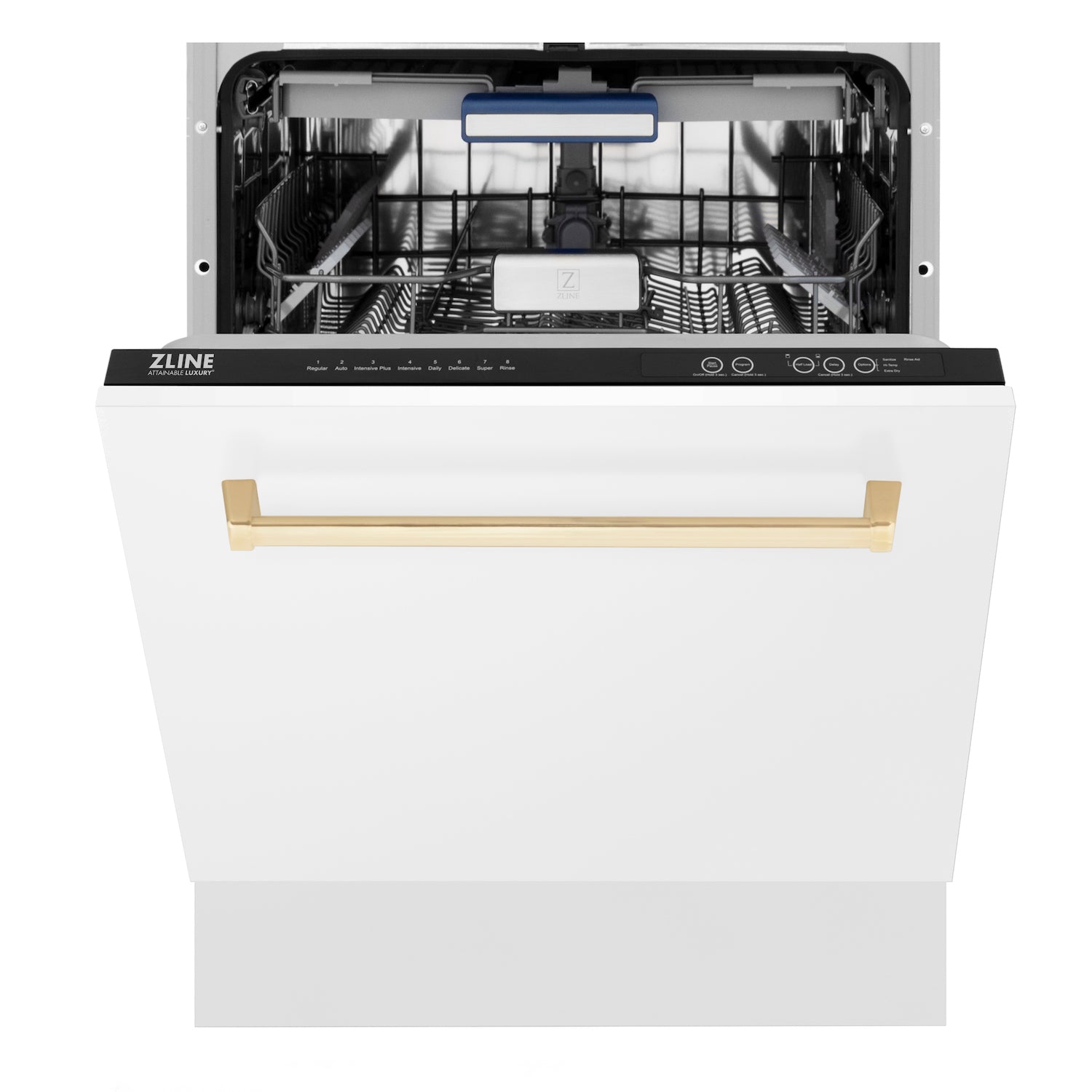 ZLINE Autograph Edition 24" Tall Tub Dishwasher in White Matte with Polished Gold Accent Handle (DWVZ-WM-24-G) front, door half open.
