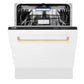 ZLINE Autograph Edition 24 in. Tallac Series 3rd Rack Top Control Built-In Tall Tub Dishwasher in White Matte with Polished Gold Handle, 51dBa (DWVZ-WM-24-G) front, half open.