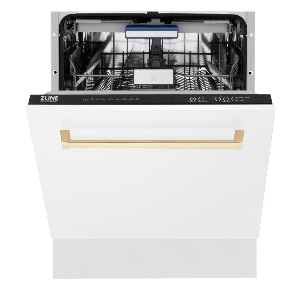ZLINE Autograph Edition 24 in. Tallac Series 3rd Rack Top Control Built-In Tall Tub Dishwasher in White Matte with Polished Gold Handle, 51dBa (DWVZ-WM-24-G) front, half open.