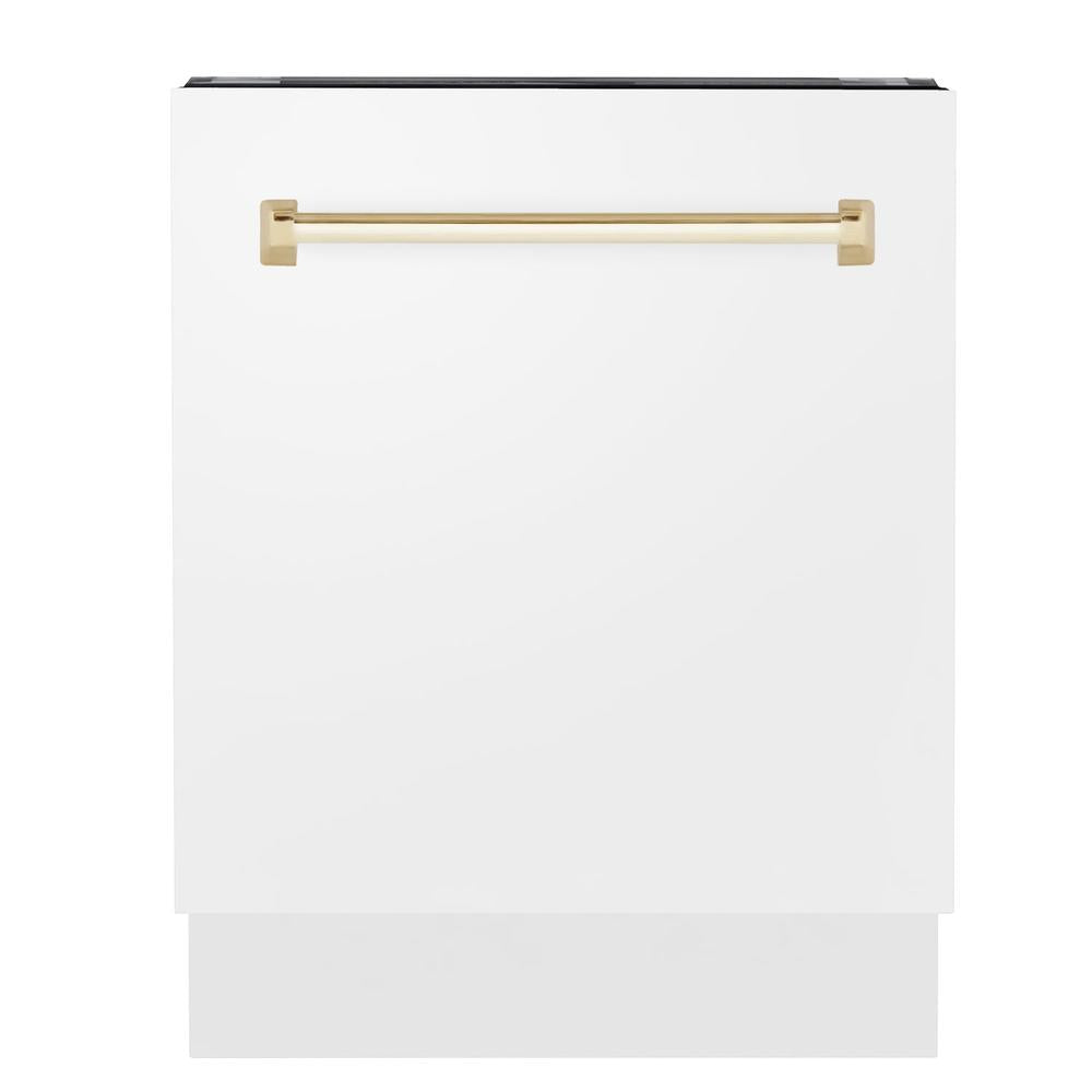 ZLINE Autograph Edition 24 in. Tallac Series 3rd Rack Top Control Built-In Tall Tub Dishwasher in White Matte with Polished Gold Handle, 51dBa (DWVZ-WM-24-G) 
