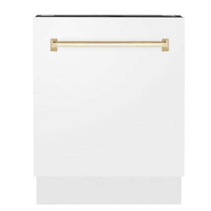 ZLINE Autograph Edition 24 in. Tallac Series 3rd Rack Top Control Built-In Tall Tub Dishwasher in White Matte with Polished Gold Handle, 51dBa (DWVZ-WM-24-G) 