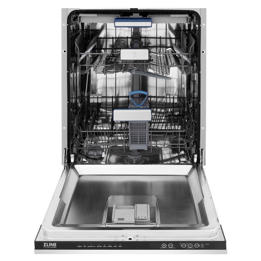 ZLINE Autograph Edition 24 in. Tallac Series 3rd Rack Top Control Built-In Tall Tub Dishwasher in White Matte with Polished Gold Handle, 51dBa (DWVZ-WM-24-G) front, open.