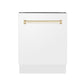 ZLINE Autograph Edition 24 in. Tallac Series 3rd Rack Top Control Built-In Tall Tub Dishwasher in White Matte with Polished Gold Handle, 51dBa (DWVZ-WM-24-G) front, closed.