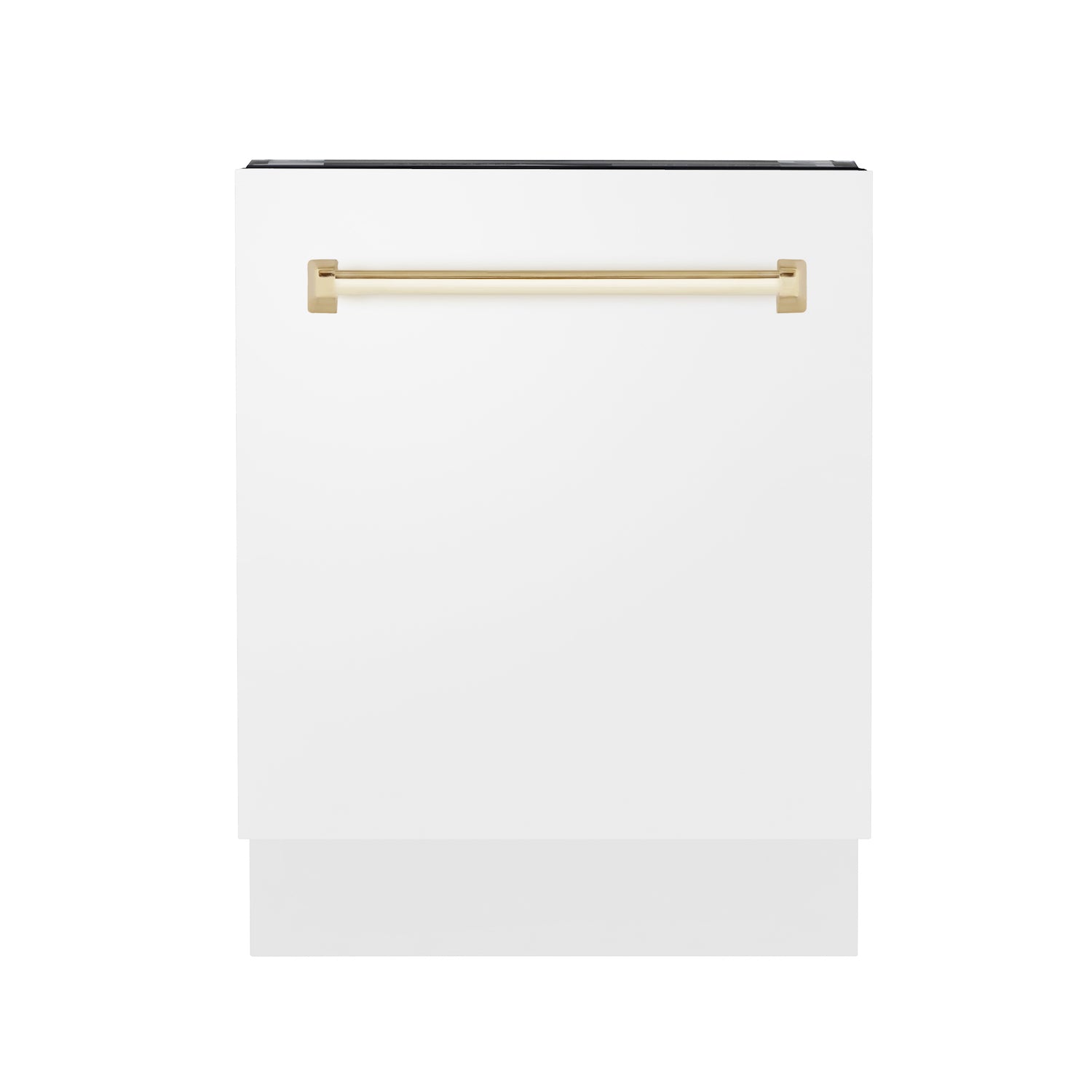 ZLINE Autograph Edition 24" Tall Tub Dishwasher in White Matte with Polished Gold Accent Handle (DWVZ-WM-24-G) front, door closed.