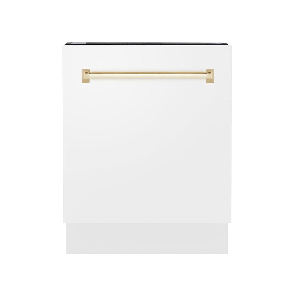 ZLINE Autograph Edition 24 in. Tallac Series 3rd Rack Top Control Built-In Tall Tub Dishwasher in White Matte with Polished Gold Handle, 51dBa (DWVZ-WM-24-G) front, closed.