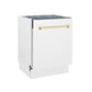 ZLINE Autograph Edition 24 in. Tallac Series 3rd Rack Top Control Built-In Tall Tub Dishwasher in White Matte with Polished Gold Handle, 51dBa (DWVZ-WM-24-G) side, closed.