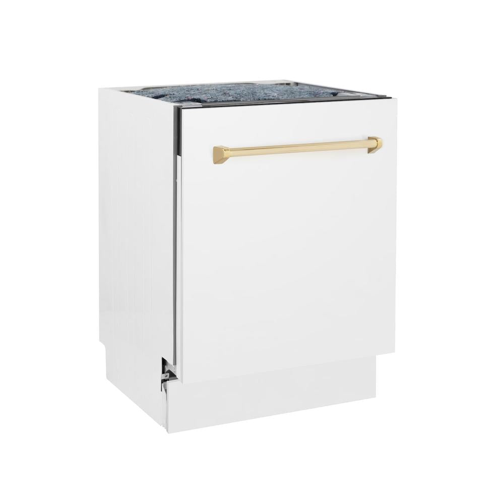 ZLINE Autograph Edition 24 in. Tallac Series 3rd Rack Top Control Built-In Tall Tub Dishwasher in White Matte with Polished Gold Handle, 51dBa (DWVZ-WM-24-G) side, closed.