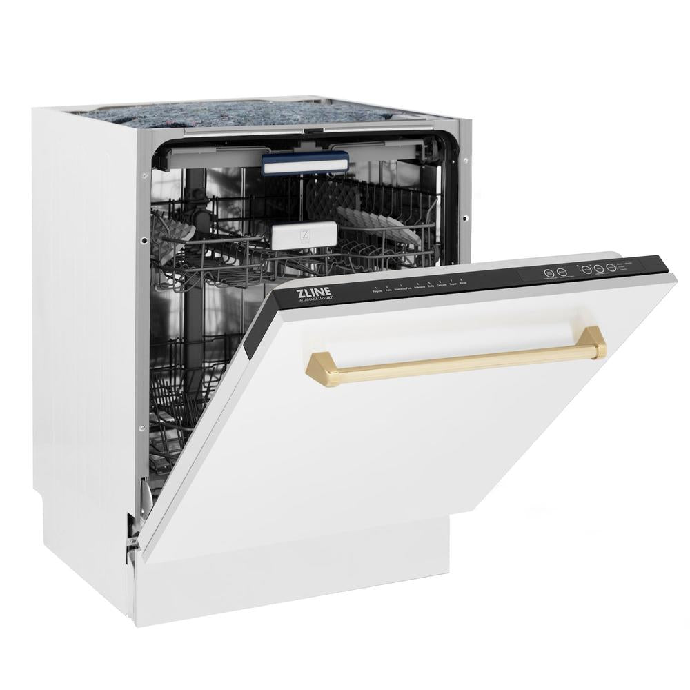 ZLINE Autograph Edition 24 in. Tallac Series 3rd Rack Top Control Built-In Tall Tub Dishwasher in White Matte with Polished Gold Handle, 51dBa (DWVZ-WM-24-G) side, half open.
