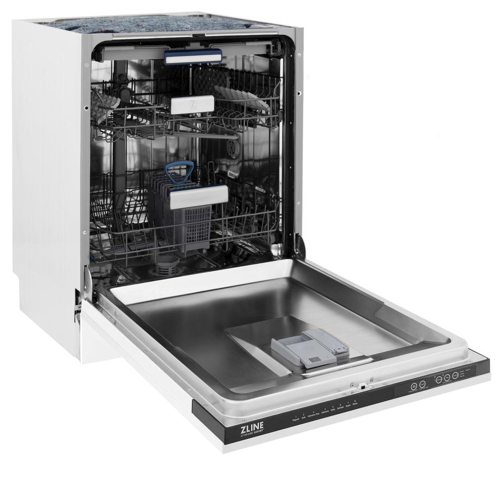 ZLINE Autograph Edition 24 in. Tallac Series 3rd Rack Top Control Built-In Tall Tub Dishwasher in White Matte with Polished Gold Handle, 51dBa (DWVZ-WM-24-G) side, open.