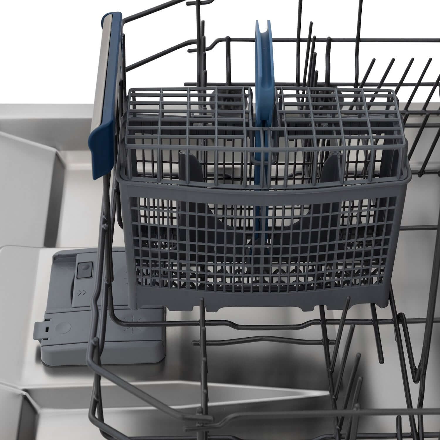 Utensil holder on bottom rack of ZLINE dishwasher.