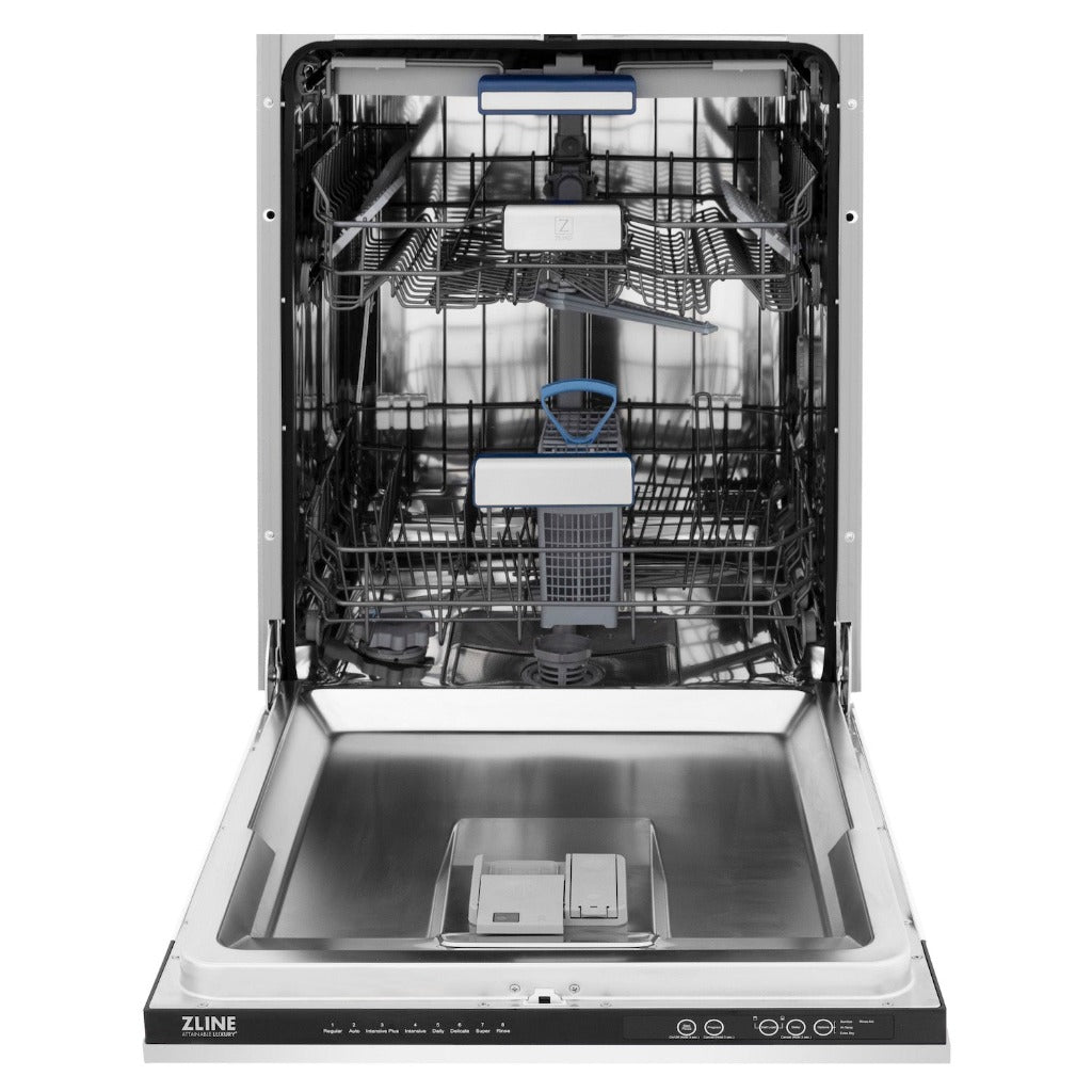 ZLINE Autograph Edition 24 in. Tallac Series 3rd Rack Top Control Built-In Tall Tub Dishwasher in White Matte with Matte Black Handle, 51dBa (DWVZ-WM-24-MB) front, open.