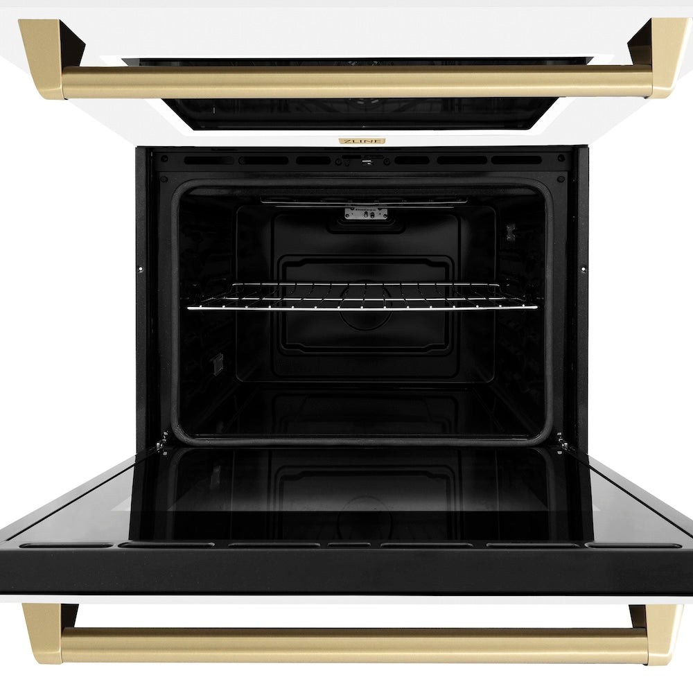 ZLINE Autograph Edition 30 in. Professional True Convection Double Wall Oven with Air Fry and Self Clean in Stainless Steel with White Matte Doors and Champagne Bronze Handles (WADZ-WM-30-CB) front, oven open.