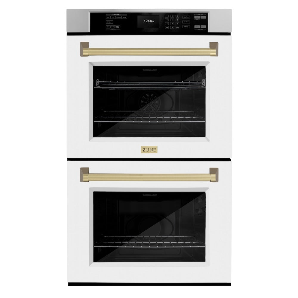 ZLINE Autograph Edition 30 in. Professional True Convection Double Wall Oven with Air Fry and Self Clean in Stainless Steel with White Matte Doors and Champagne Bronze Handles (WADZ-WM-30-CB)