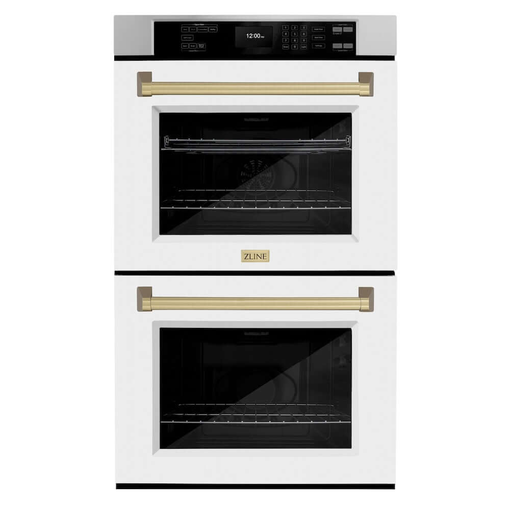 ZLINE Autograph Edition 30 in. Professional True Convection Double Wall Oven with Air Fry and Self Clean in Stainless Steel with White Matte Doors and Champagne Bronze Handles (WADZ-WM-30-CB) main image.