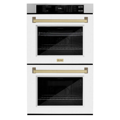 ZLINE Autograph Edition 30 in. Professional True Convection Double Wall Oven with Air Fry and Self Clean in Stainless Steel with White Matte Doors and Champagne Bronze Handles (WADZ-WM-30-CB)