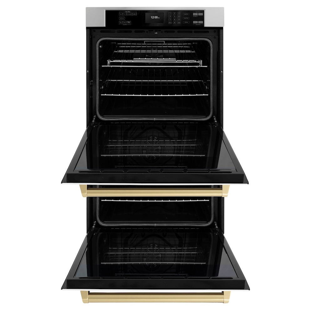 ZLINE Autograph Edition 30 in. Professional True Convection Double Wall Oven with Air Fry and Self Clean in Stainless Steel with White Matte Doors and Champagne Bronze Handles (WADZ-WM-30-CB) front, oven open.