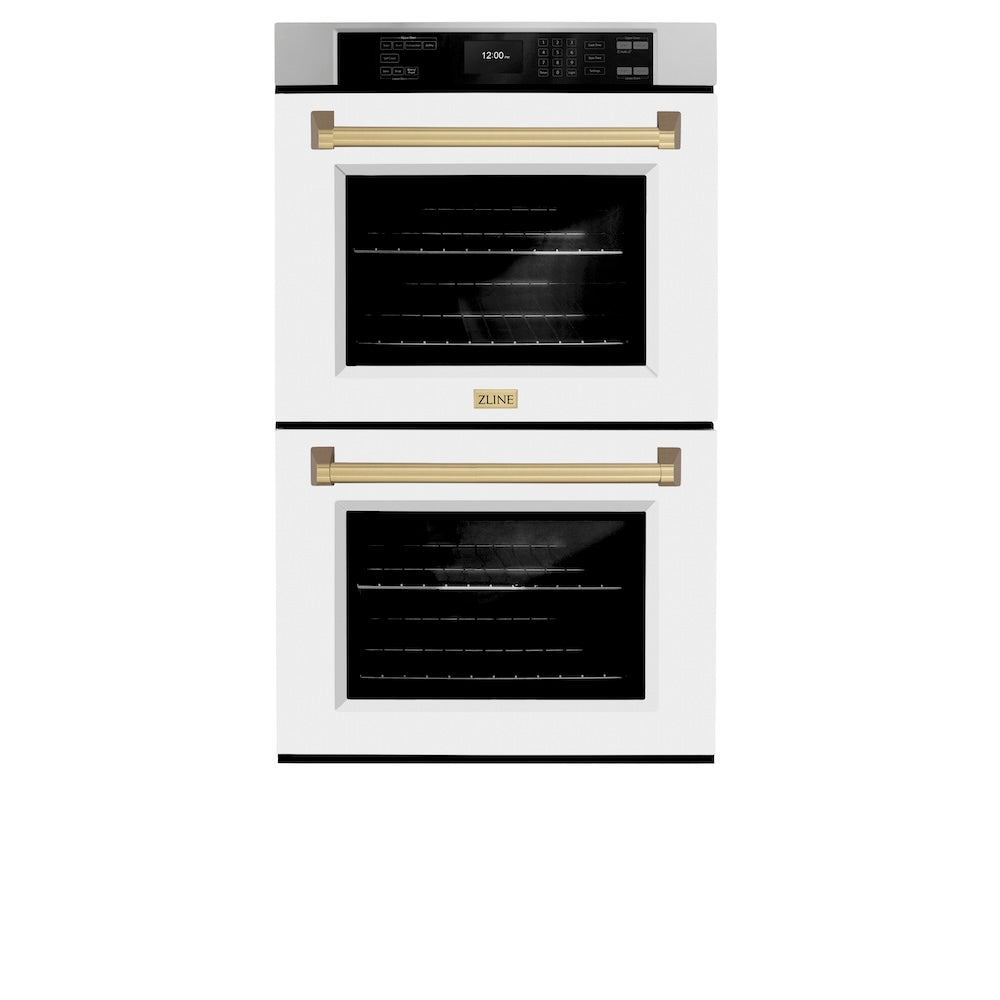 ZLINE Autograph Edition 30 in. Professional True Convection Double Wall Oven with Air Fry and Self Clean in Stainless Steel with White Matte Doors and Champagne Bronze Handles (WADZ-WM-30-CB)