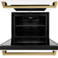 ZLINE Autograph Edition 30 in. Professional True Convection Double Wall Oven with Air Fry and Self Clean in Stainless Steel with White Matte Doors and Polished Gold Handles (WADZ-WM-30-G) front, oven open close-up.