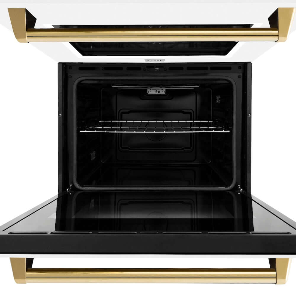 ZLINE Autograph Edition 30 in. Professional True Convection Double Wall Oven with Air Fry and Self Clean in Stainless Steel with White Matte Doors and Polished Gold Handles (WADZ-WM-30-G) front, oven open close-up.