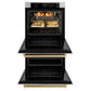ZLINE Autograph Edition 30 in. Professional True Convection Double Wall Oven with Air Fry and Self Clean in Stainless Steel with White Matte Doors and Polished Gold Handles (WADZ-WM-30-G) front, open, with food inside.