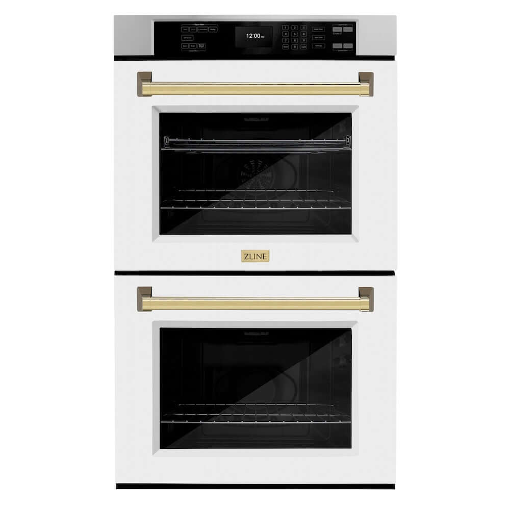 ZLINE Autograph Edition 30 in. Professional True Convection Double Wall Oven with Air Fry and Self Clean in Stainless Steel with White Matte Doors and Polished Gold Handles (WADZ-WM-30-G) main image.