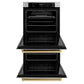 ZLINE Autograph Edition 30 in. Professional True Convection Double Wall Oven with Air Fry and Self Clean in Stainless Steel with White Matte Doors and Polished Gold Handles (WADZ-WM-30-G) front, oven open.