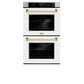 ZLINE Autograph Edition 30 in. Professional True Convection Double Wall Oven with Air Fry and Self Clean in Stainless Steel with White Matte Doors and Polished Gold Handles (WADZ-WM-30-G) front, closed.