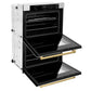 ZLINE Autograph Edition 30 in. Professional True Convection Double Wall Oven with Air Fry and Self Clean in Stainless Steel with White Matte Doors and Polished Gold Handles (WADZ-WM-30-G) side, oven open.