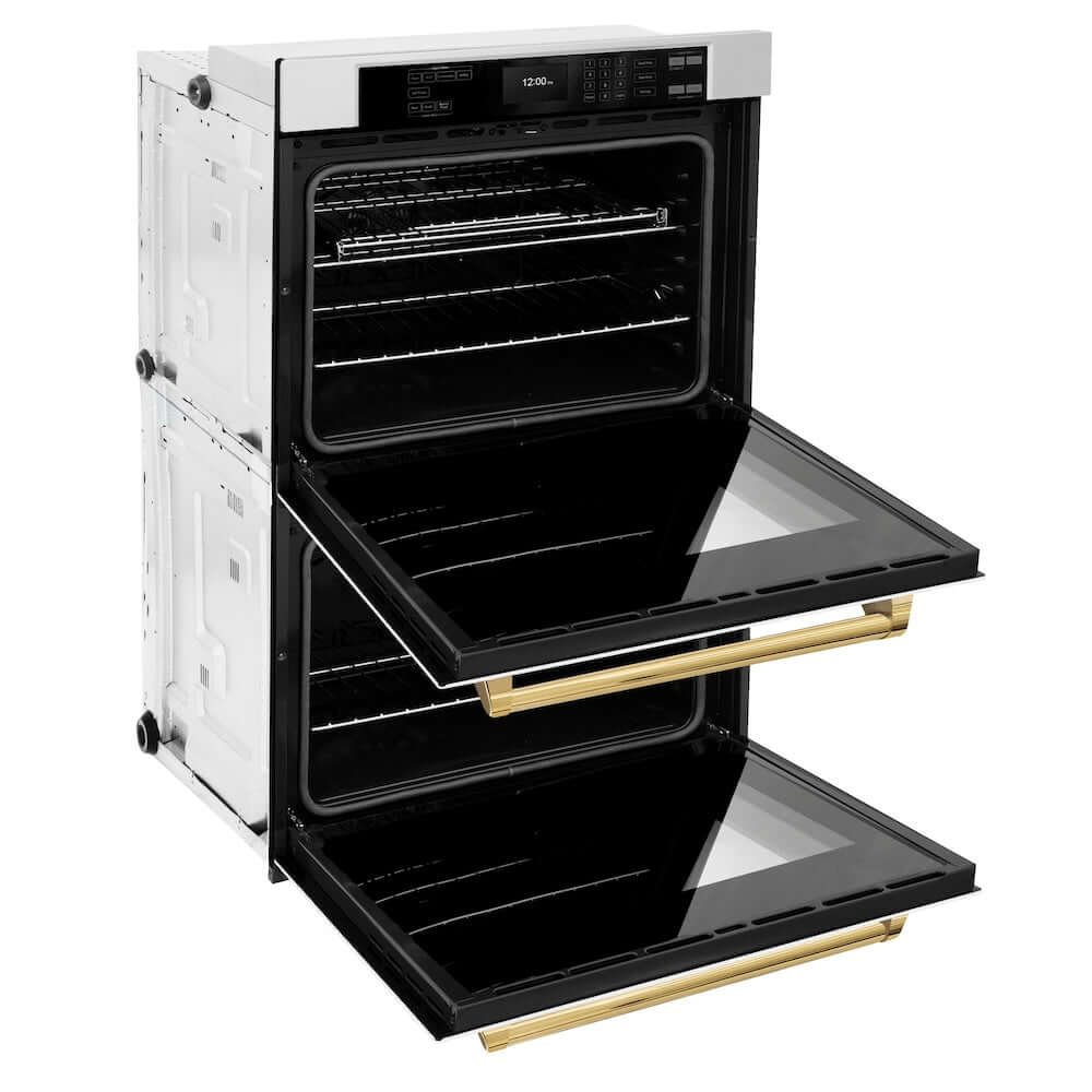ZLINE Autograph Edition 30 in. Professional True Convection Double Wall Oven with Air Fry and Self Clean in Stainless Steel with White Matte Doors and Polished Gold Handles (WADZ-WM-30-G) side, oven open.