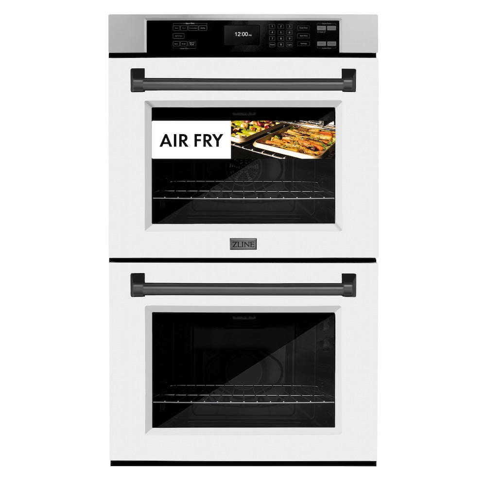 ZLINE Autograph Edition 30 in. Professional True Convection Double Wall Oven with Air Fry and Self Clean in Stainless Steel with White Matte Doors and Matte Black Handles (WADZ-WM-30-MB) front, oven closed with food inside. Text: "Air Fry"