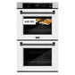 ZLINE Autograph Edition 30 in. Professional True Convection Double Wall Oven with Air Fry and Self Clean in Stainless Steel with White Matte Doors and Matte Black Handles (WADZ-WM-30-MB) front, oven closed with food inside. Text: "Air Fry"
