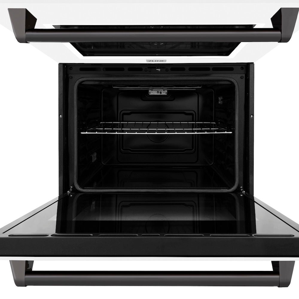 ZLINE Autograph Edition 30 in. Professional True Convection Double Wall Oven with Air Fry and Self Clean in Stainless Steel with White Matte Doors and Matte Black Handles (WADZ-WM-30-MB) front, oven open.